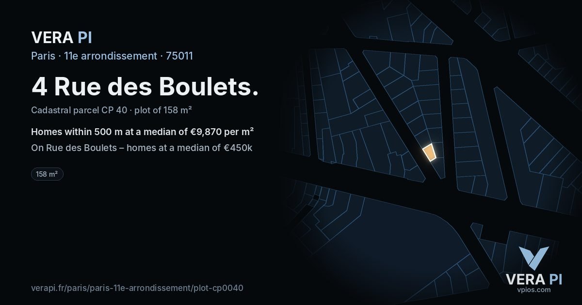 4 Rue des Boulets, 11e arrondissement at night – the plot lit, the parcels around coloured by the prices near them