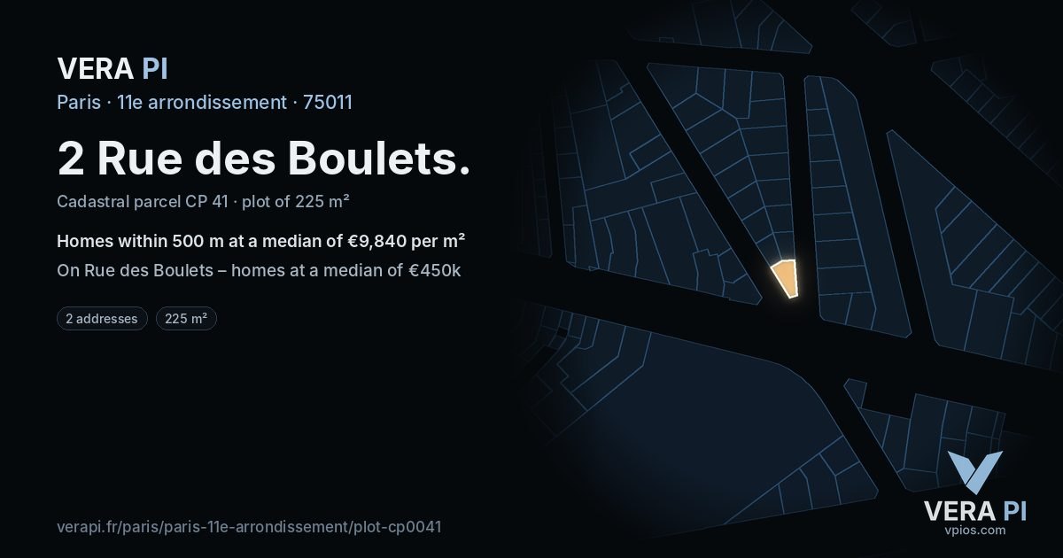 2 Rue des Boulets, 11e arrondissement at night – the plot lit, the parcels around coloured by the prices near them