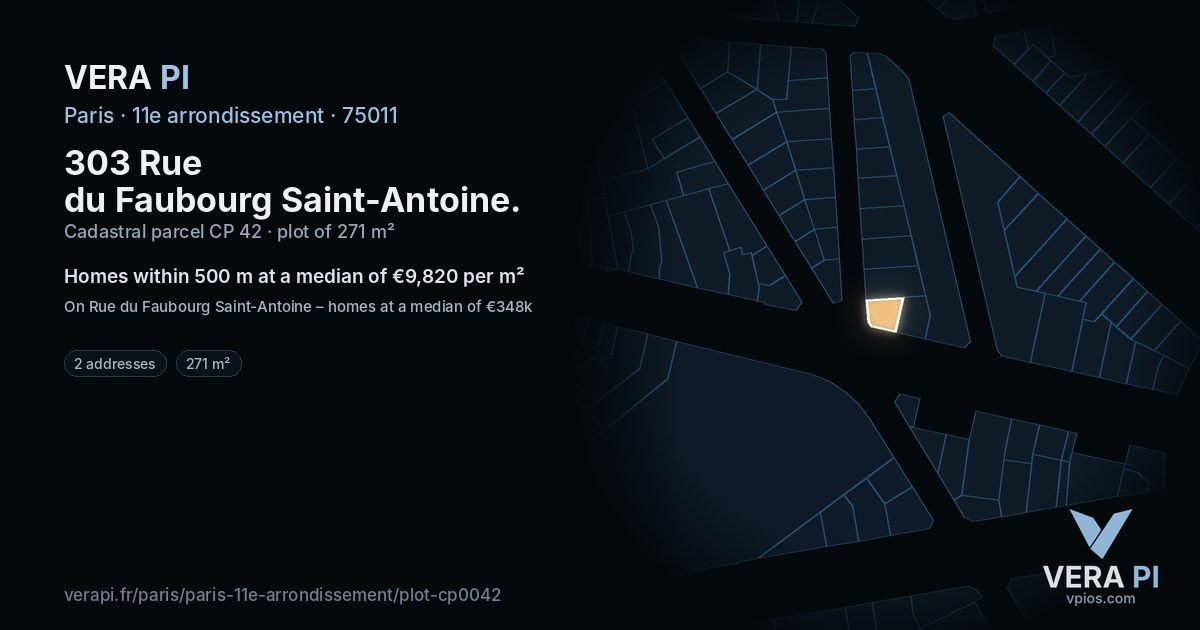 303 Rue du Faubourg Saint-Antoine, 11e arrondissement at night – the plot lit, the parcels around coloured by the prices near them