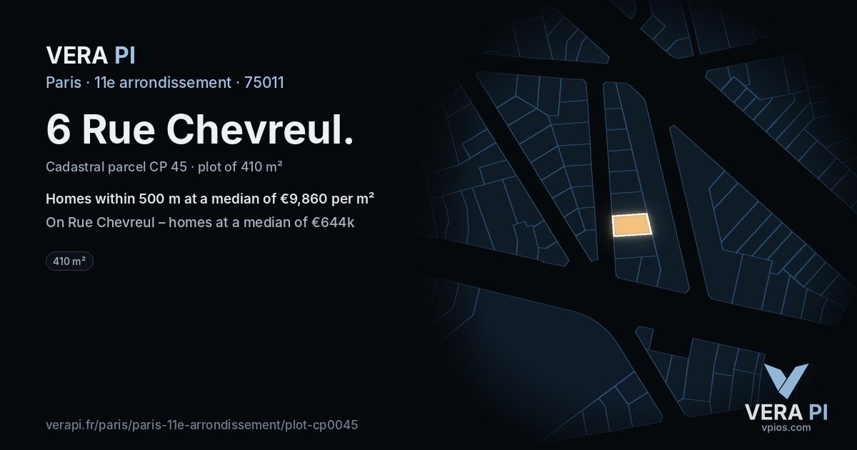 6 Rue Chevreul, 11e arrondissement at night – the plot lit, the parcels around coloured by the prices near them