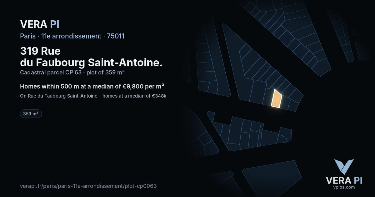 319 Rue du Faubourg Saint-Antoine, 11e arrondissement at night – the plot lit, the parcels around coloured by the prices near them