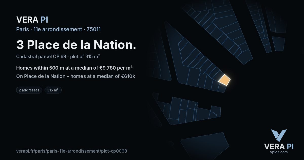 3 Place de la Nation, 11e arrondissement at night – the plot lit, the parcels around coloured by the prices near them