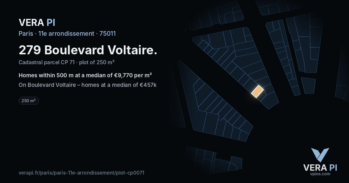 279 Boulevard Voltaire, 11e arrondissement at night – the plot lit, the parcels around coloured by the prices near them