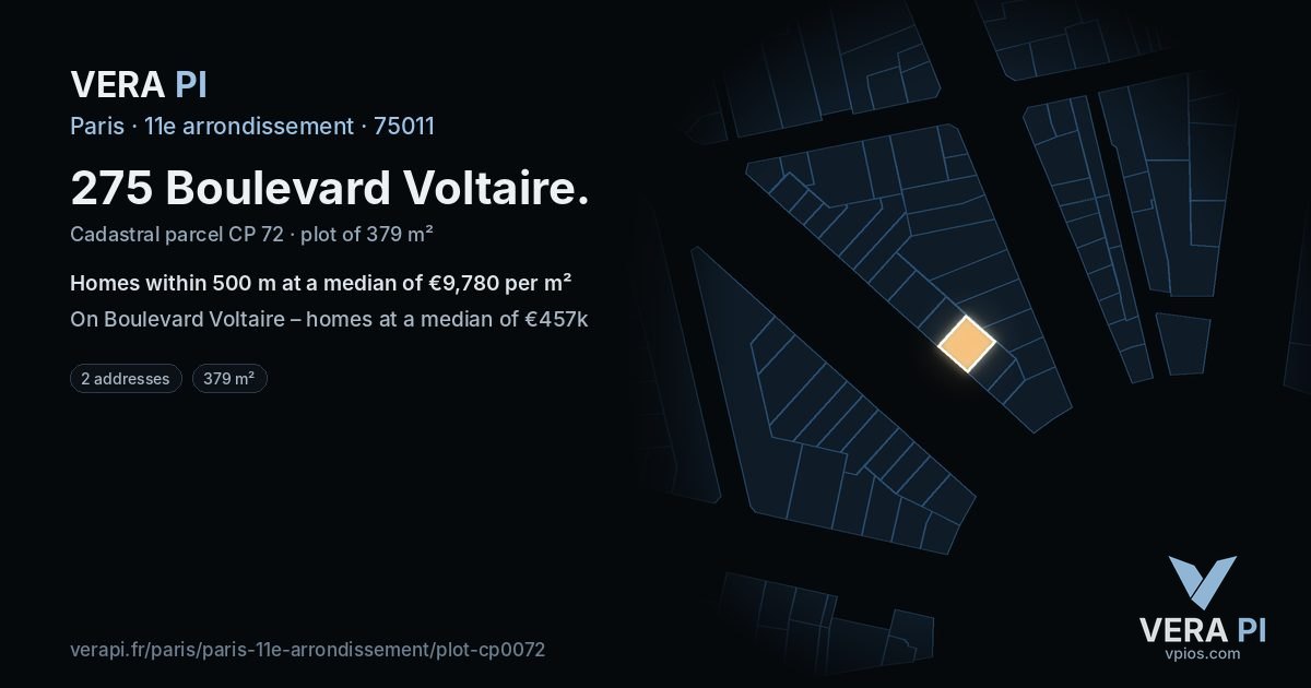 275 Boulevard Voltaire, 11e arrondissement at night – the plot lit, the parcels around coloured by the prices near them