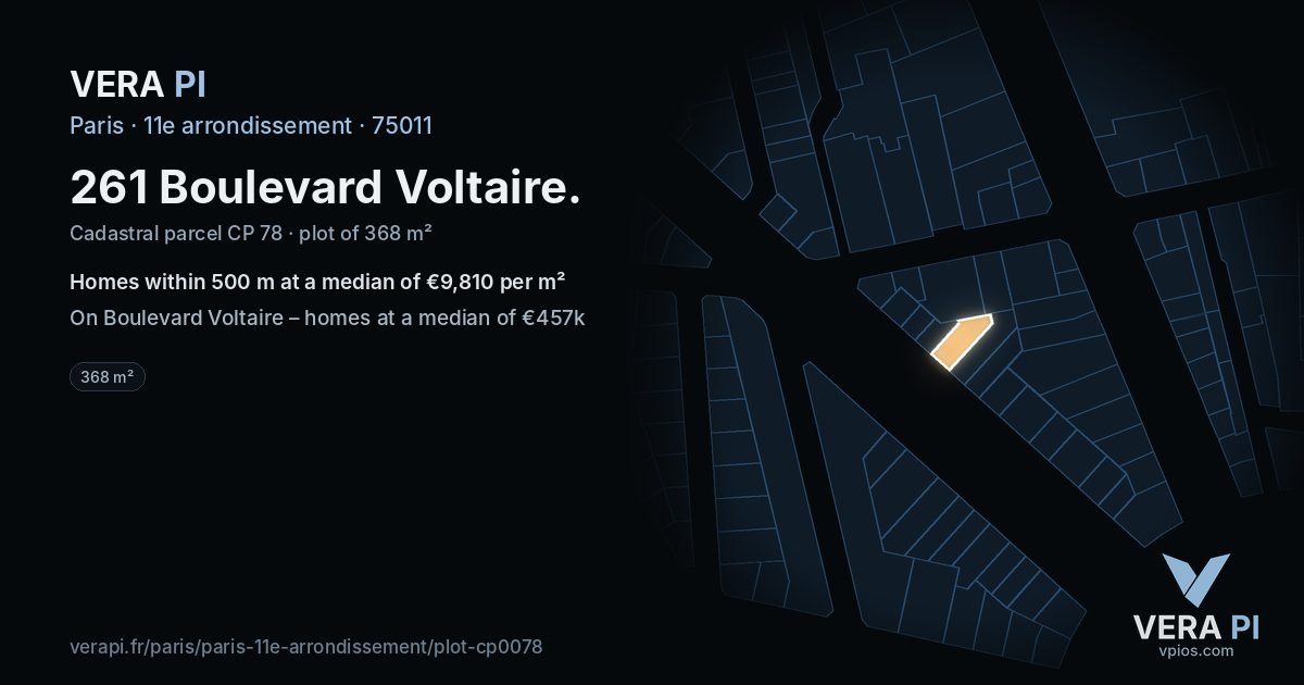 261 Boulevard Voltaire, 11e arrondissement at night – the plot lit, the parcels around coloured by the prices near them