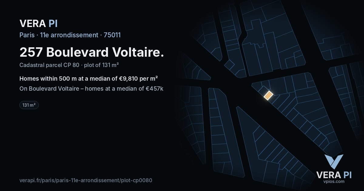 257 Boulevard Voltaire, 11e arrondissement at night – the plot lit, the parcels around coloured by the prices near them