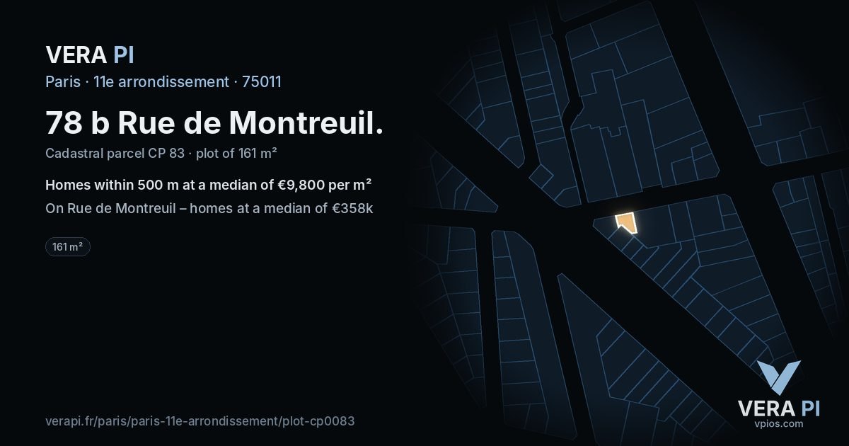 78 b Rue de Montreuil, 11e arrondissement at night – the plot lit, the parcels around coloured by the prices near them