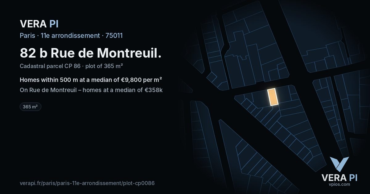 82 b Rue de Montreuil, 11e arrondissement at night – the plot lit, the parcels around coloured by the prices near them