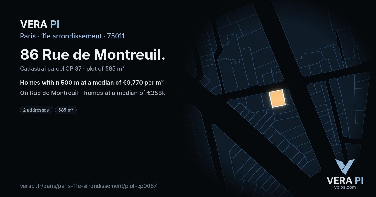 86 Rue de Montreuil, 11e arrondissement at night – the plot lit, the parcels around coloured by the prices near them