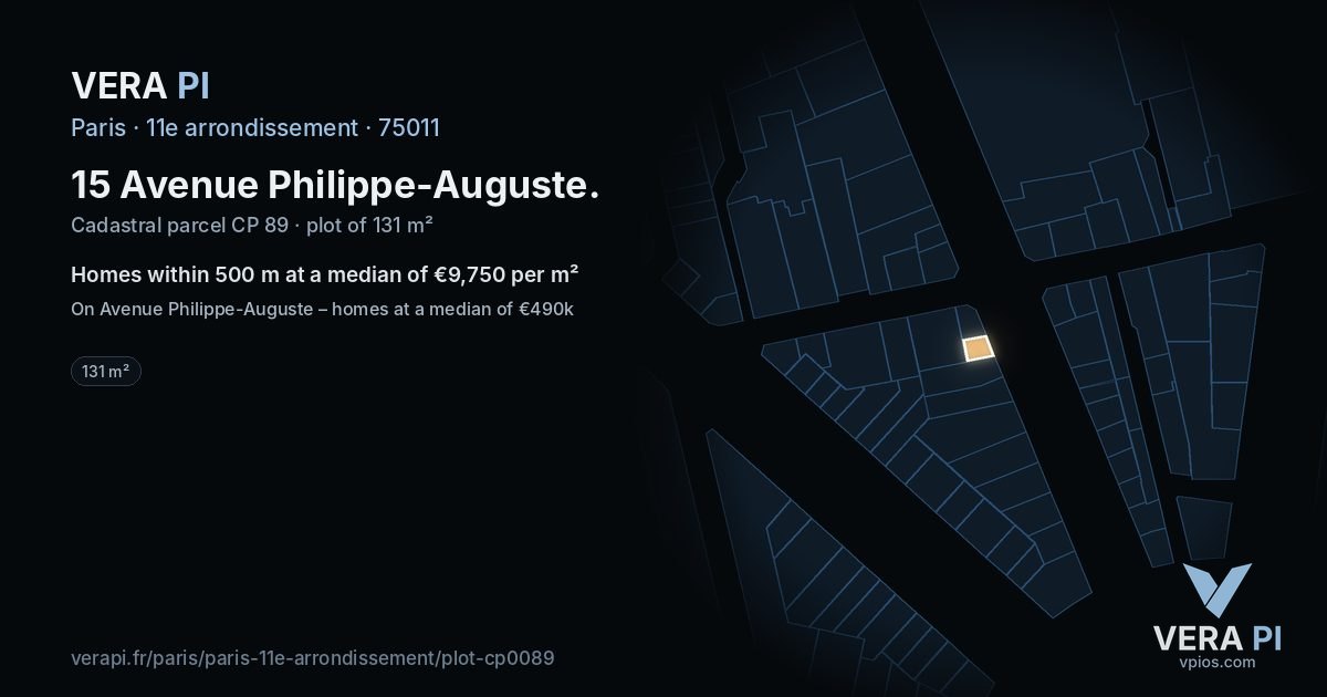 15 Avenue Philippe-Auguste, 11e arrondissement at night – the plot lit, the parcels around coloured by the prices near them