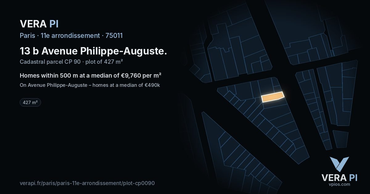 13 b Avenue Philippe-Auguste, 11e arrondissement at night – the plot lit, the parcels around coloured by the prices near them