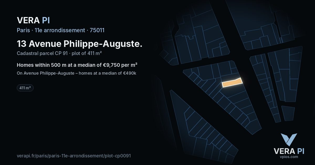 13 Avenue Philippe-Auguste, 11e arrondissement at night – the plot lit, the parcels around coloured by the prices near them