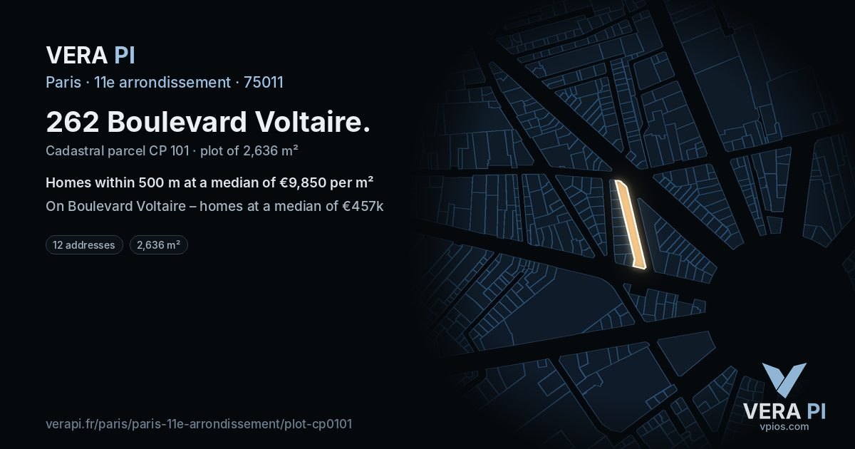 262 Boulevard Voltaire, 11e arrondissement at night – the plot lit, the parcels around coloured by the prices near them
