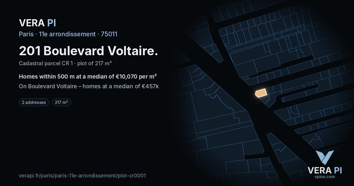 201 Boulevard Voltaire, 11e arrondissement at night – the plot lit, the parcels around coloured by the prices near them
