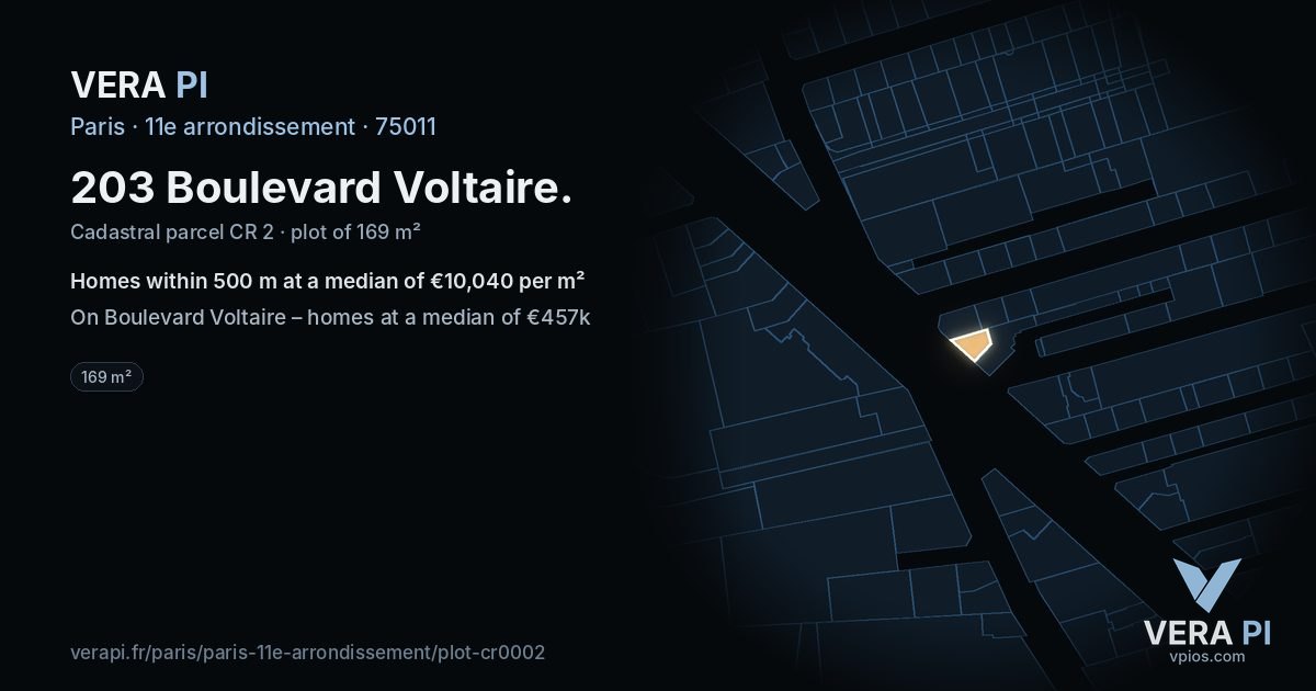 203 Boulevard Voltaire, 11e arrondissement at night – the plot lit, the parcels around coloured by the prices near them