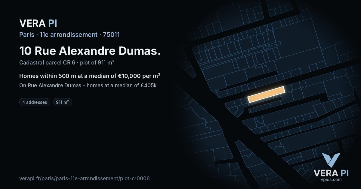 10 Rue Alexandre Dumas, 11e arrondissement at night – the plot lit, the parcels around coloured by the prices near them