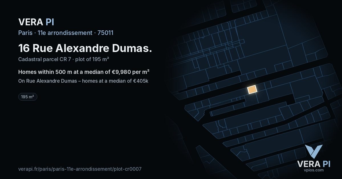 16 Rue Alexandre Dumas, 11e arrondissement at night – the plot lit, the parcels around coloured by the prices near them