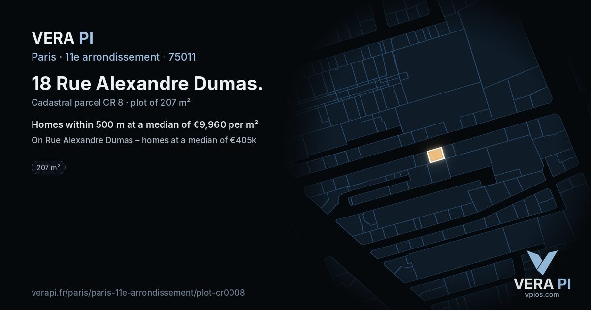 18 Rue Alexandre Dumas, 11e arrondissement at night – the plot lit, the parcels around coloured by the prices near them