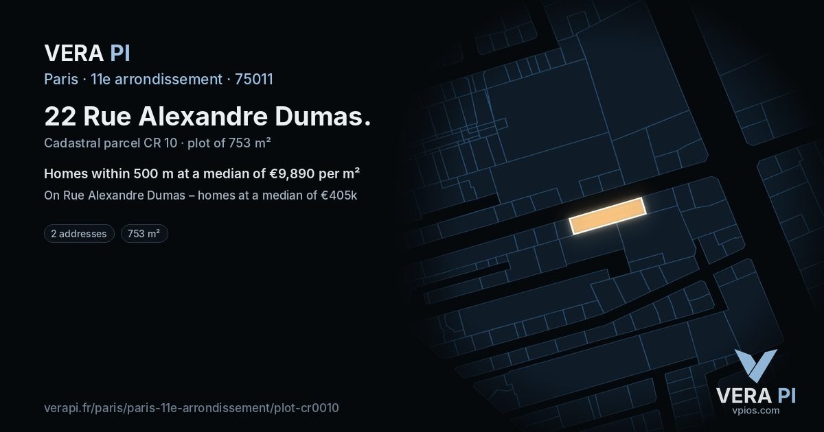 22 Rue Alexandre Dumas, 11e arrondissement at night – the plot lit, the parcels around coloured by the prices near them