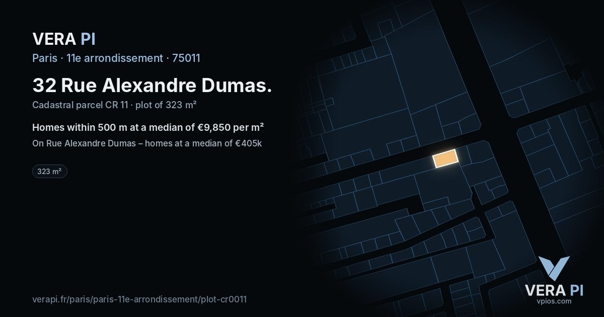 32 Rue Alexandre Dumas, 11e arrondissement at night – the plot lit, the parcels around coloured by the prices near them
