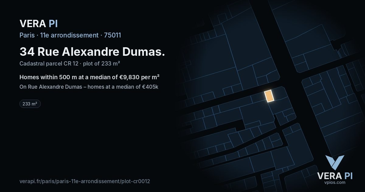 34 Rue Alexandre Dumas, 11e arrondissement at night – the plot lit, the parcels around coloured by the prices near them