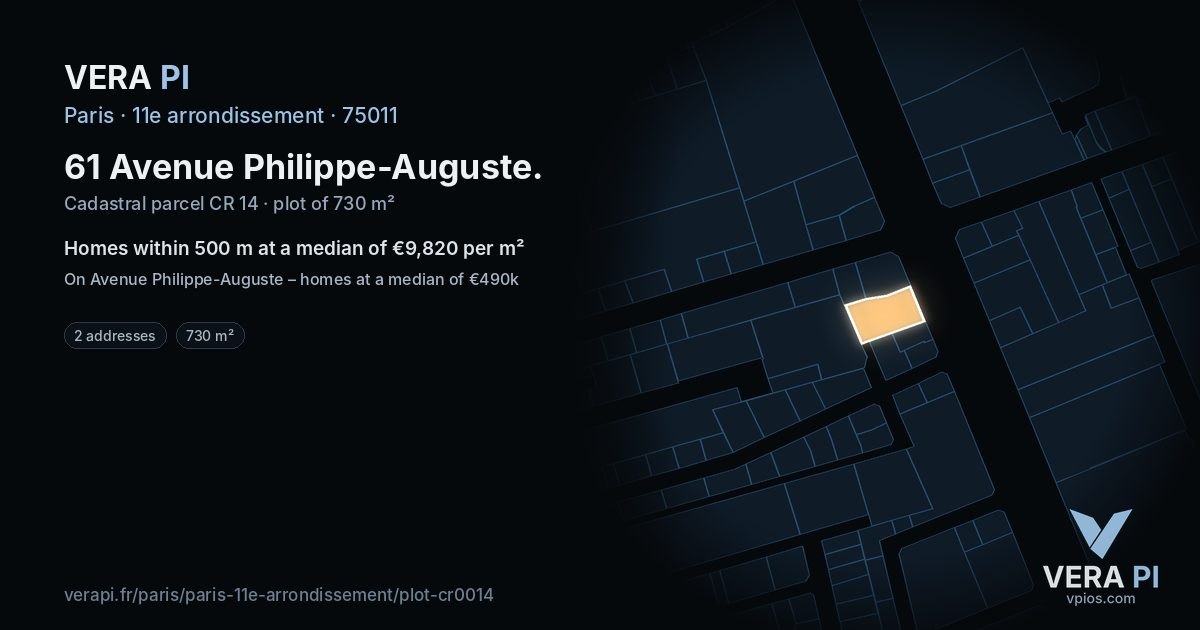 61 Avenue Philippe-Auguste, 11e arrondissement at night – the plot lit, the parcels around coloured by the prices near them