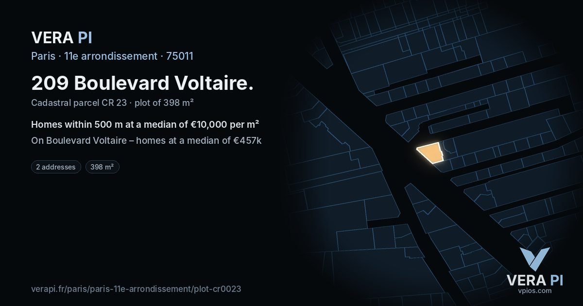 209 Boulevard Voltaire, 11e arrondissement at night – the plot lit, the parcels around coloured by the prices near them