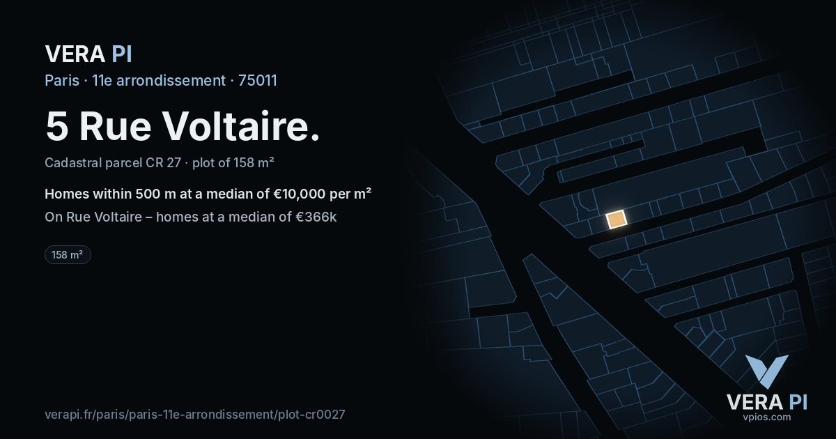 5 Rue Voltaire, 11e arrondissement at night – the plot lit, the parcels around coloured by the prices near them