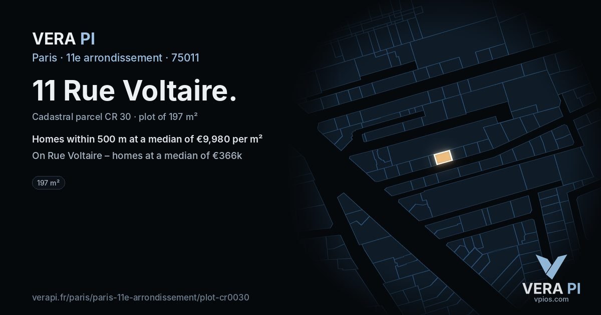 11 Rue Voltaire, 11e arrondissement at night – the plot lit, the parcels around coloured by the prices near them