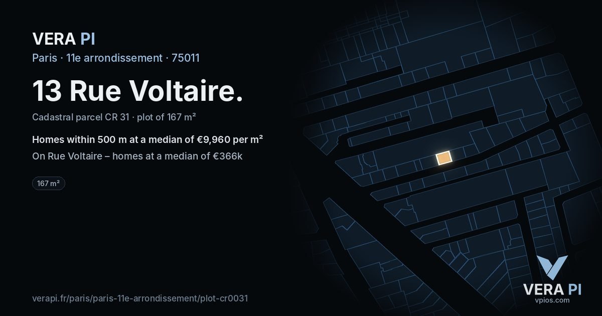 13 Rue Voltaire, 11e arrondissement at night – the plot lit, the parcels around coloured by the prices near them