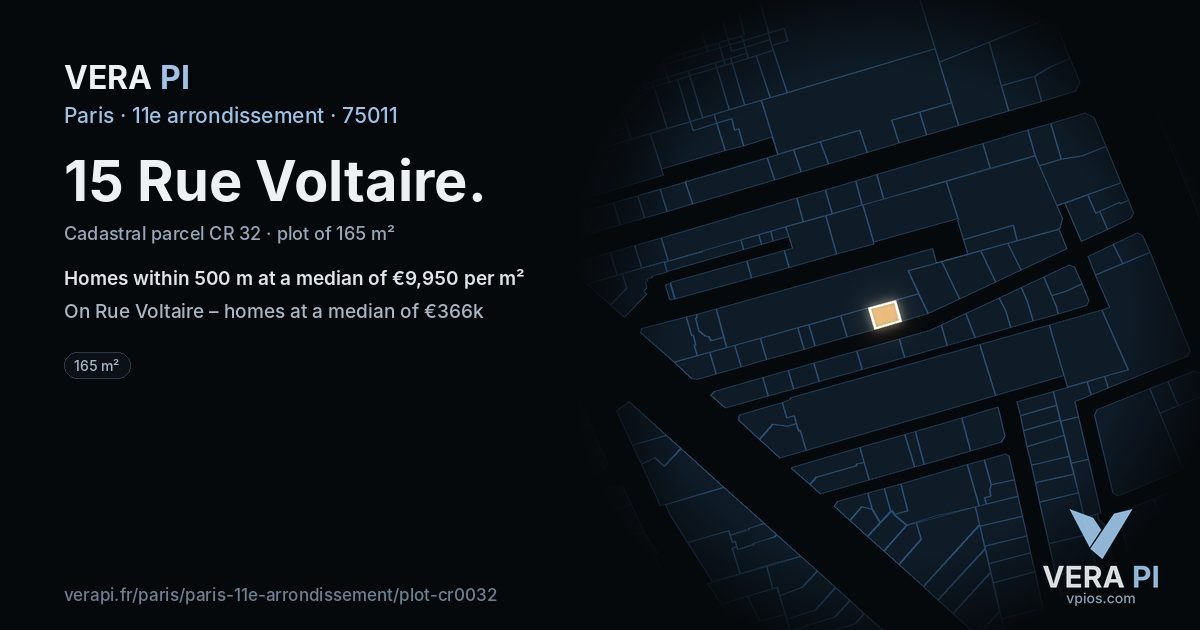 15 Rue Voltaire, 11e arrondissement at night – the plot lit, the parcels around coloured by the prices near them