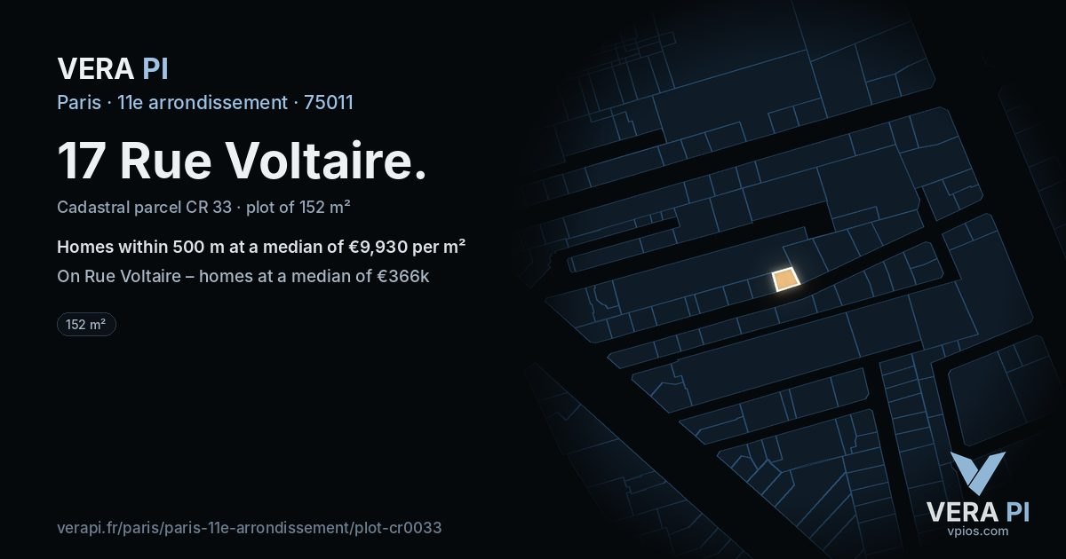17 Rue Voltaire, 11e arrondissement at night – the plot lit, the parcels around coloured by the prices near them