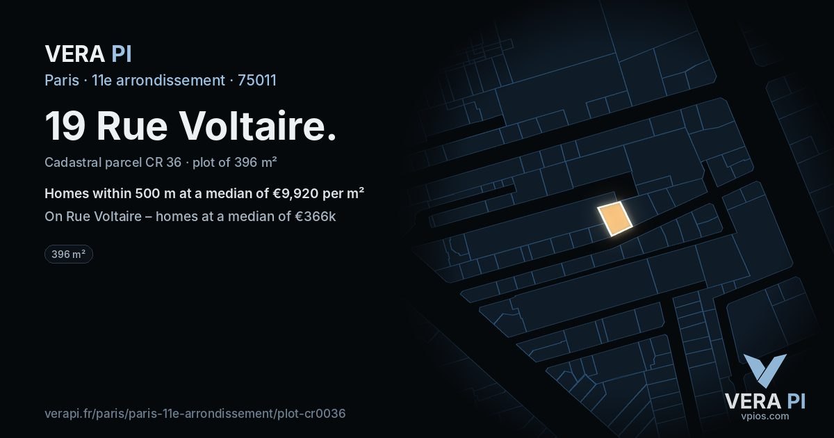 19 Rue Voltaire, 11e arrondissement at night – the plot lit, the parcels around coloured by the prices near them