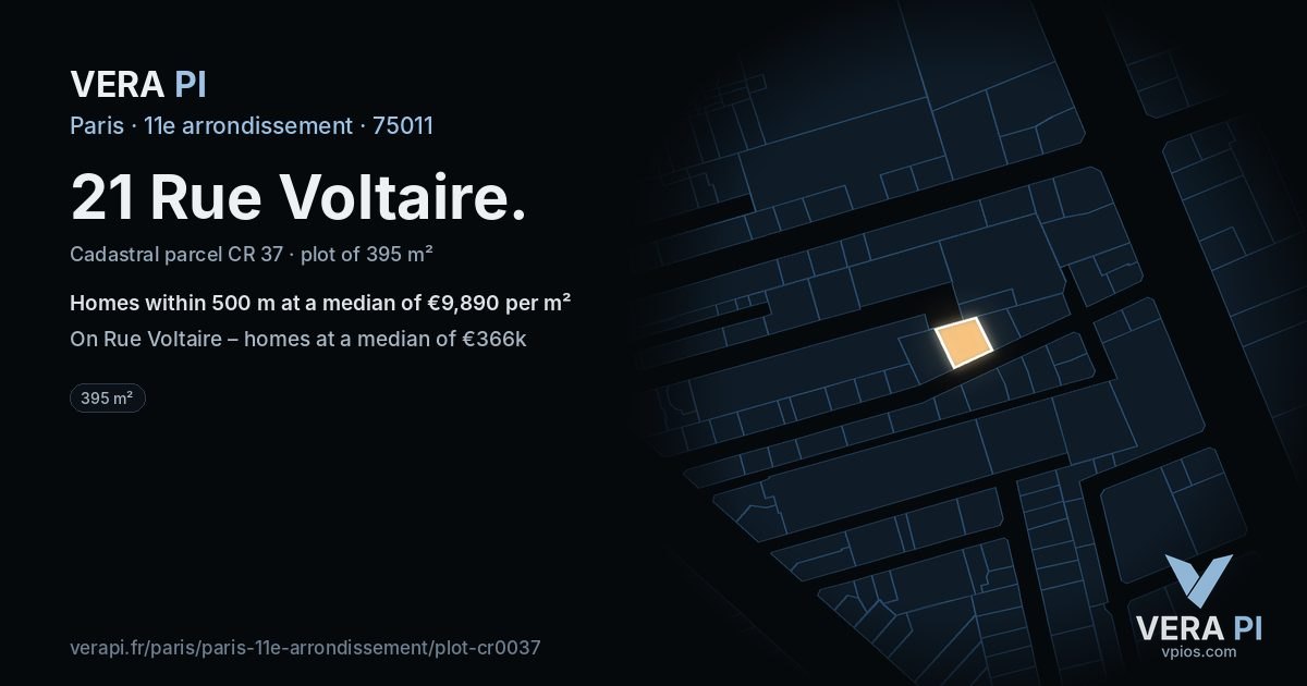 21 Rue Voltaire, 11e arrondissement at night – the plot lit, the parcels around coloured by the prices near them