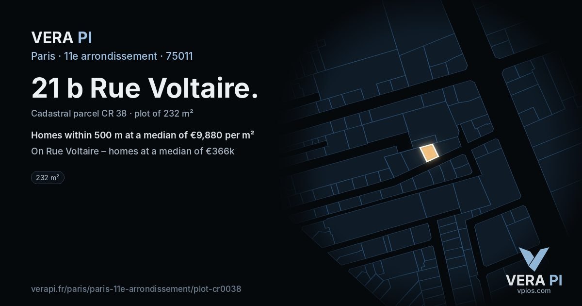 21 b Rue Voltaire, 11e arrondissement at night – the plot lit, the parcels around coloured by the prices near them