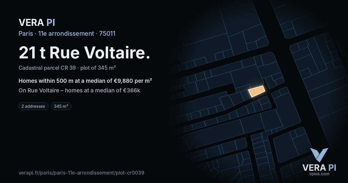 21 t Rue Voltaire, 11e arrondissement at night – the plot lit, the parcels around coloured by the prices near them