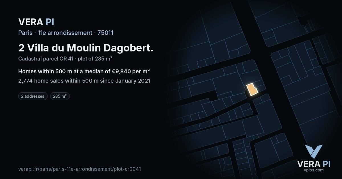 2 Villa du Moulin Dagobert, 11e arrondissement at night – the plot lit, the parcels around coloured by the prices near them