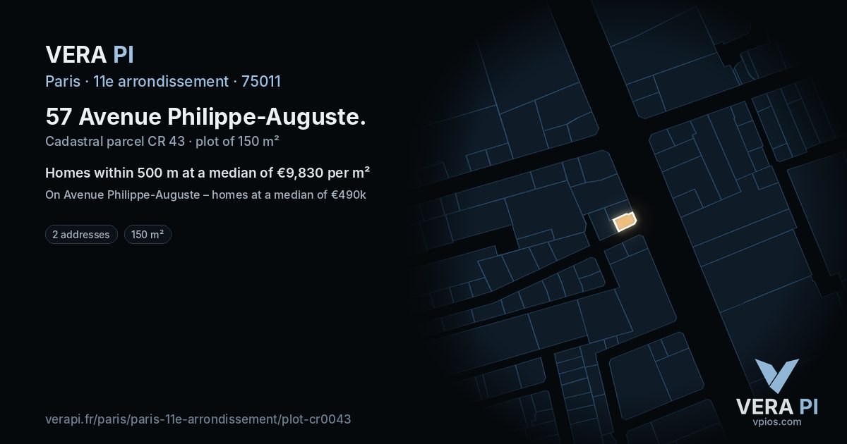 57 Avenue Philippe-Auguste, 11e arrondissement at night – the plot lit, the parcels around coloured by the prices near them