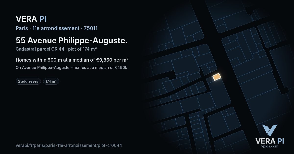 55 Avenue Philippe-Auguste, 11e arrondissement at night – the plot lit, the parcels around coloured by the prices near them