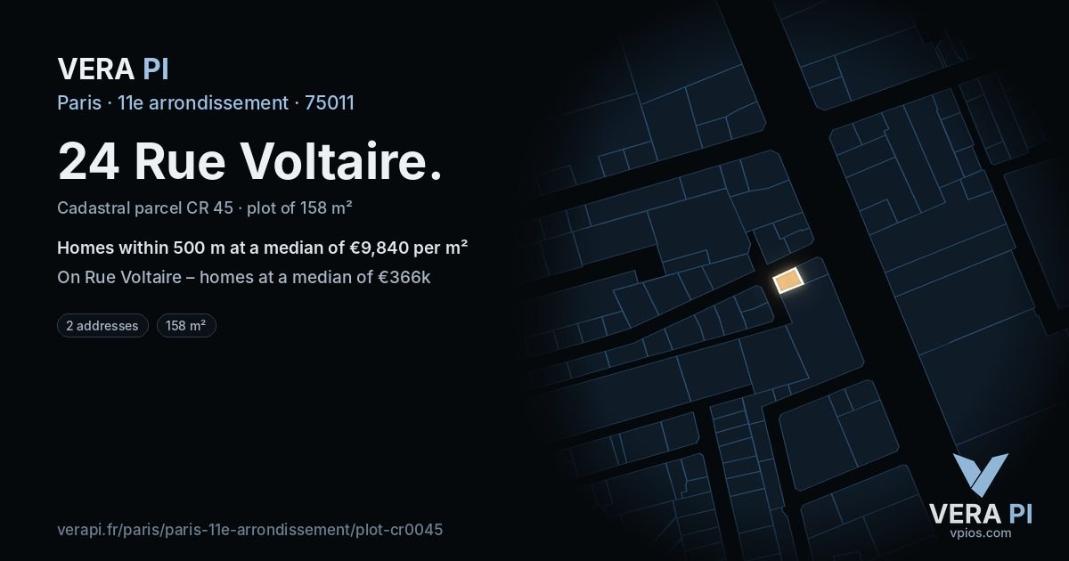 24 Rue Voltaire, 11e arrondissement at night – the plot lit, the parcels around coloured by the prices near them