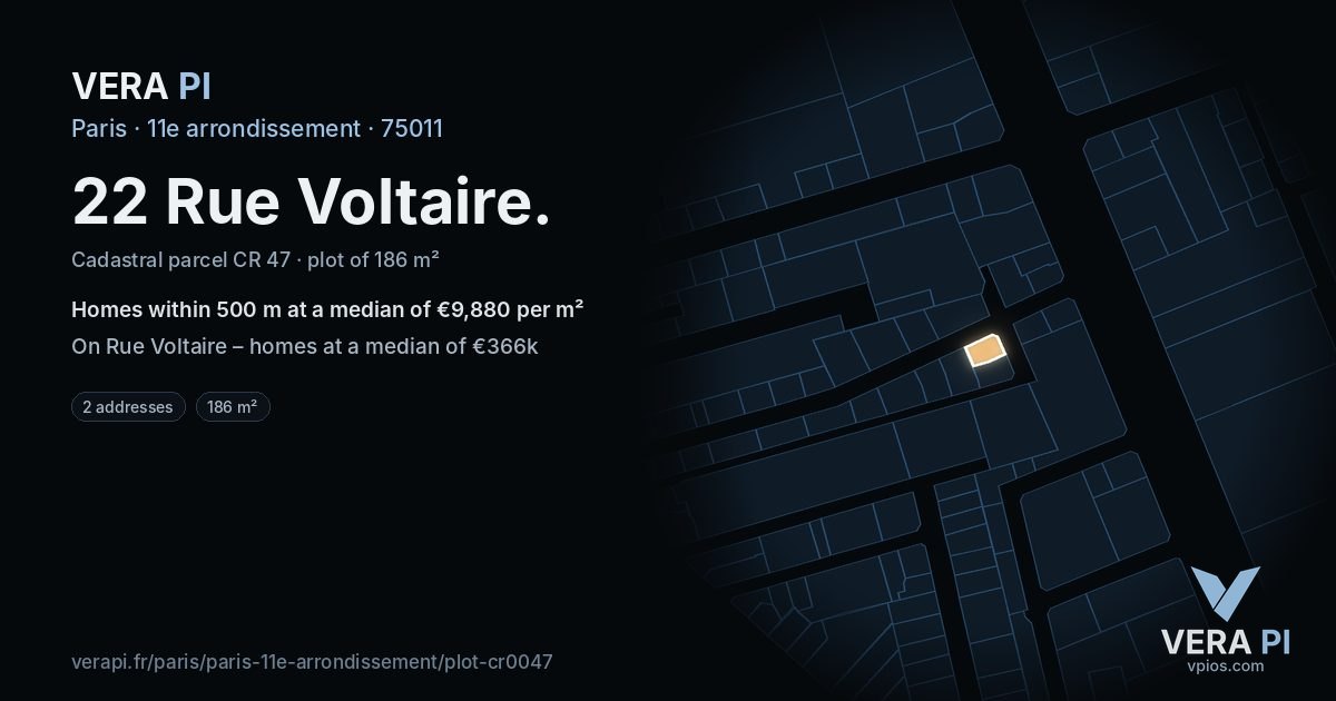 22 Rue Voltaire, 11e arrondissement at night – the plot lit, the parcels around coloured by the prices near them