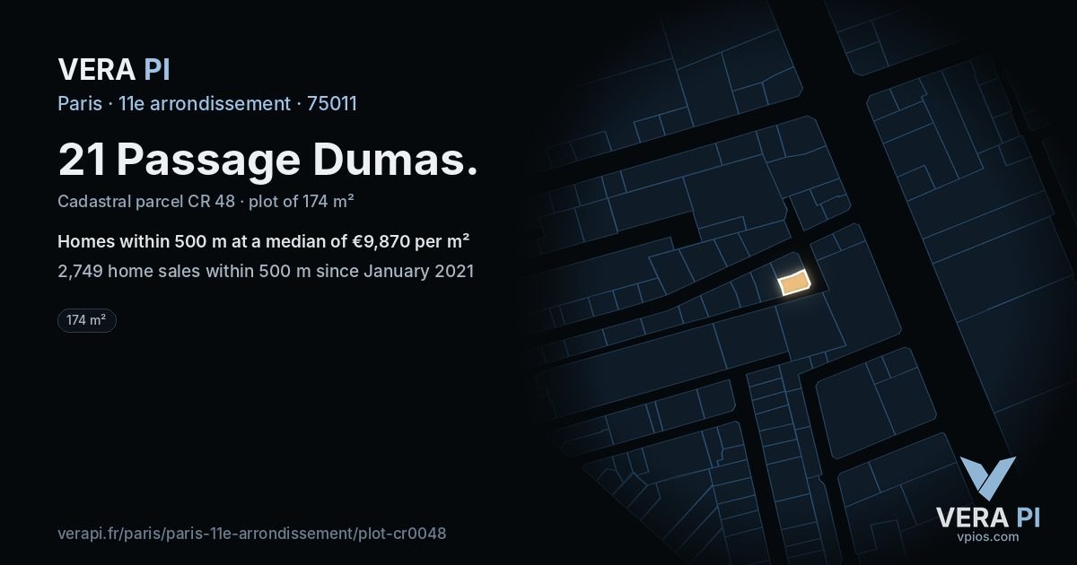 21 Passage Dumas, 11e arrondissement at night – the plot lit, the parcels around coloured by the prices near them