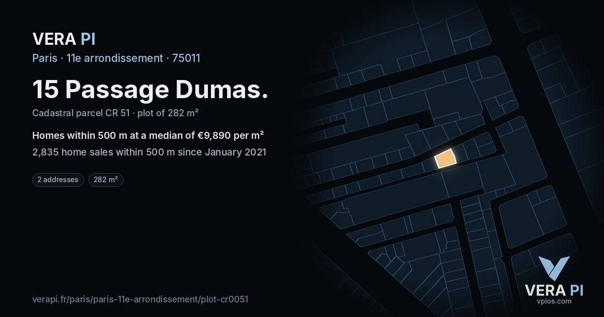 15 Passage Dumas, 11e arrondissement at night – the plot lit, the parcels around coloured by the prices near them