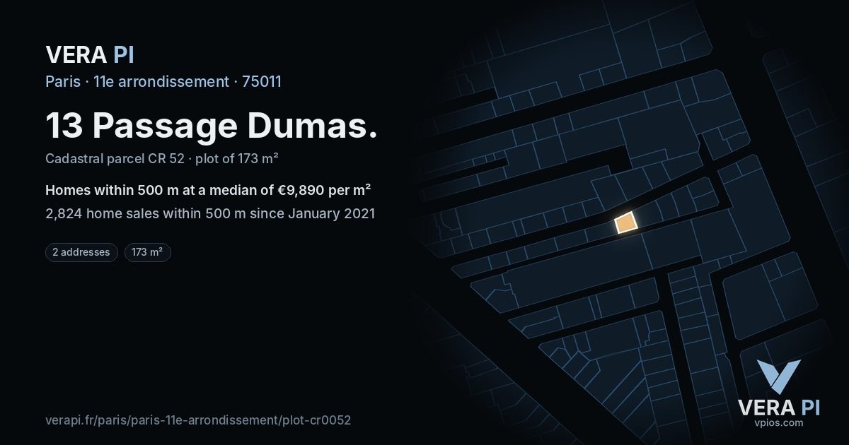 13 Passage Dumas, 11e arrondissement at night – the plot lit, the parcels around coloured by the prices near them