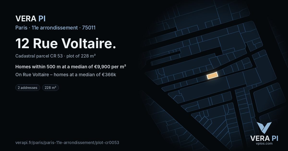 12 Rue Voltaire, 11e arrondissement at night – the plot lit, the parcels around coloured by the prices near them