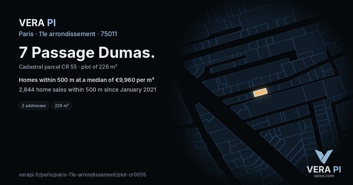 7 Passage Dumas, 11e arrondissement at night – the plot lit, the parcels around coloured by the prices near them