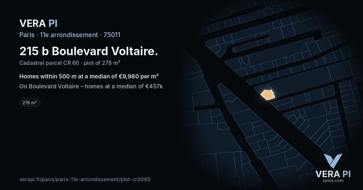 215 b Boulevard Voltaire, 11e arrondissement at night – the plot lit, the parcels around coloured by the prices near them