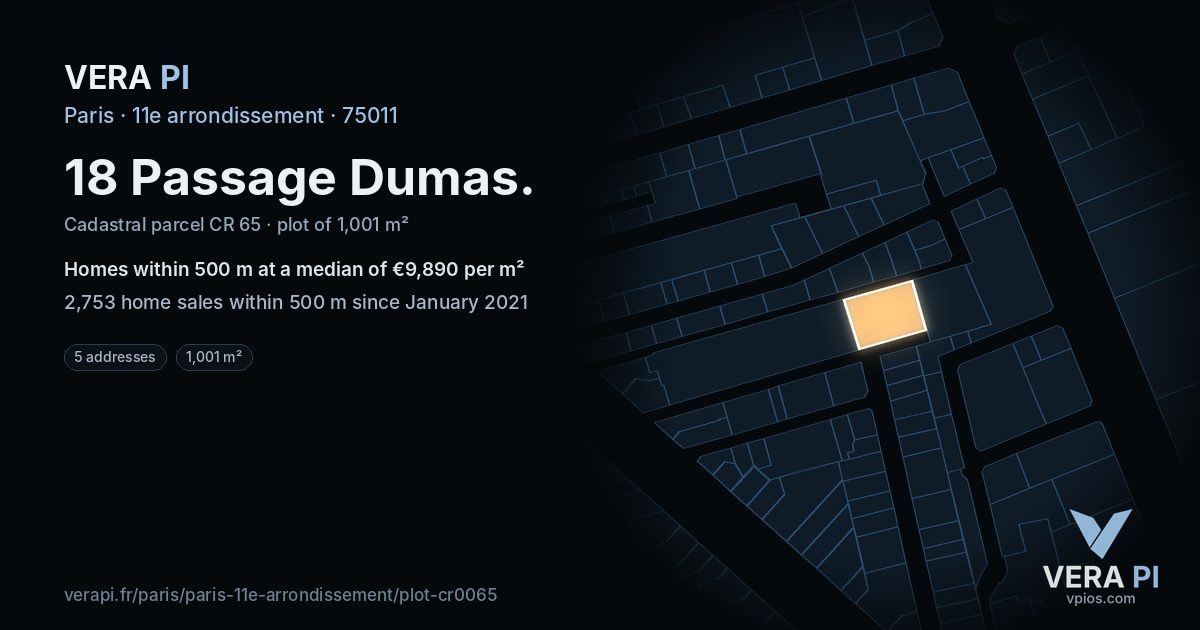 18 Passage Dumas, 11e arrondissement at night – the plot lit, the parcels around coloured by the prices near them