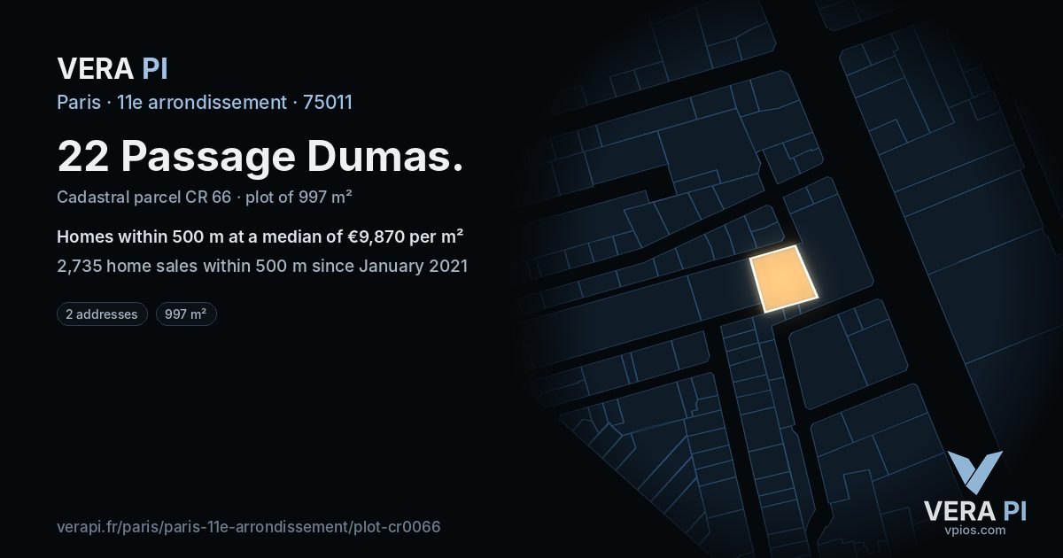 22 Passage Dumas, 11e arrondissement at night – the plot lit, the parcels around coloured by the prices near them