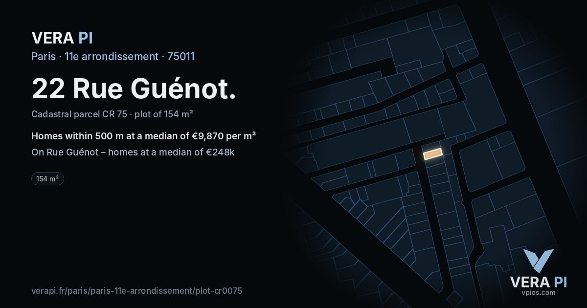 22 Rue Guénot, 11e arrondissement at night – the plot lit, the parcels around coloured by the prices near them